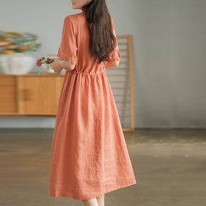 Đầm liền linen ngắn tay cổ V xếp ly đối xứng - NU8686