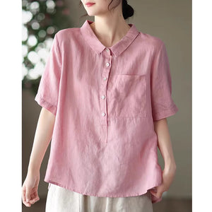 Áo sơ mi linen ngắn tay cổ đức khuy cài sát túi - NU5604