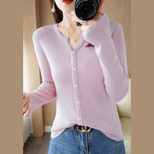 Áo khoác len tăm cardigan dài tay cổ tròn xẻ V - A164