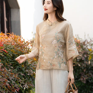 Áo sơ mi linen ngắn tay khuy tròn cài lệch thêu hoa lá - NU10055