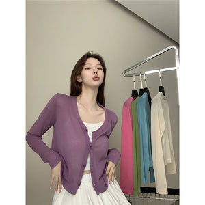 Áo khoác cardigan len dệt kim dài tay cổ V bốn khuy - NU9114