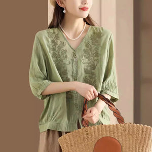 Áo sơ mi linen ngắn tay cổ V thêu mùa hè - NU10043