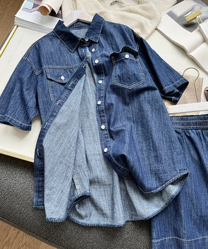 Bộ đồ denim gồm quần sooc và áo sơ mi ngắn tay cổ đức - NU8682
