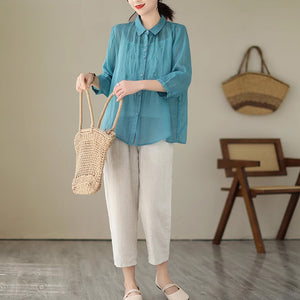 Áo sơ mi linen tay lửng cổ đức thêu hoa văn đối xứng - NU8866