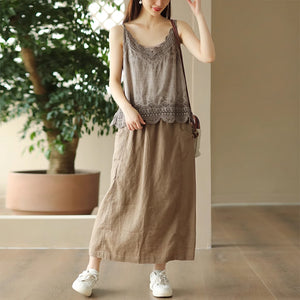 Chân váy linen retro hai túi đính khuy lưng thun - NU9000