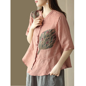 Áo sơ mi linen ngắn tay cổ tàu in hoa lá retro khuy tròn - NU8854
