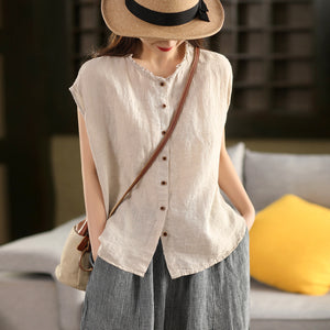 Áo sơ mi linen sát nách cổ tròn xếp ly - A812