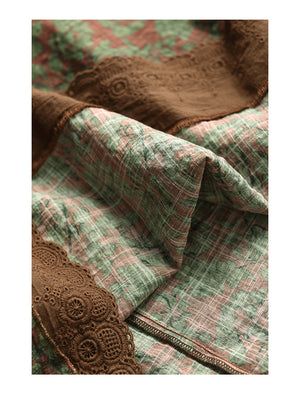 Đầm liền linen ngắn tay cổ tròn một túi ren eo cột dây - D007
