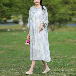 Đầm liền linen ngắn tay cổ V một khuy in hoa lá - NU7507