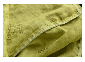 Áo sơ mi linen ngắn tay cổ tròn thêu hoa lá đồng màu - NU9850