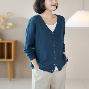 Áo khoác len dệt kim cardigan dài tay cổ V đơn sắc - NU9259