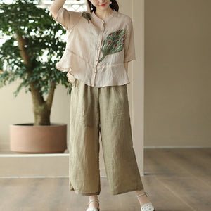 Áo sơ mi linen ngắn tay cổ tàu in hoa lá retro khuy tròn - NU8854