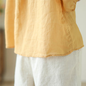 Áo T-shirt linen ngắn tay cổ tròn đính ren thêu hoa lá - NU9997