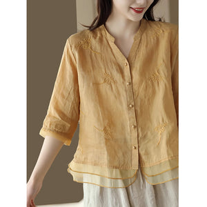 Áo sơ mi linen ngắn tay cổ V thêu hoa lá vạt kiểu xếp ren - NU8692