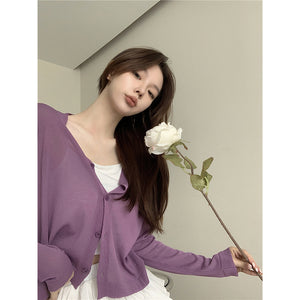 Áo khoác cardigan len dệt kim dài tay cổ V bốn khuy - NU9114