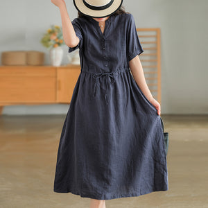 Đầm liền linen ngắn tay cổ V xếp ly đối xứng - NU8686