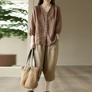 Quần baggy linen lưng thun dây rút thêu ren hai bên - NU7479