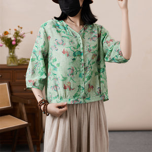 Áo sơ mi tay lửng cổ V in hoa văn retro - NU8555