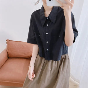 Áo sơ mi linen ngắn tay cổ sen nhọn hai túi vuông - NU7511