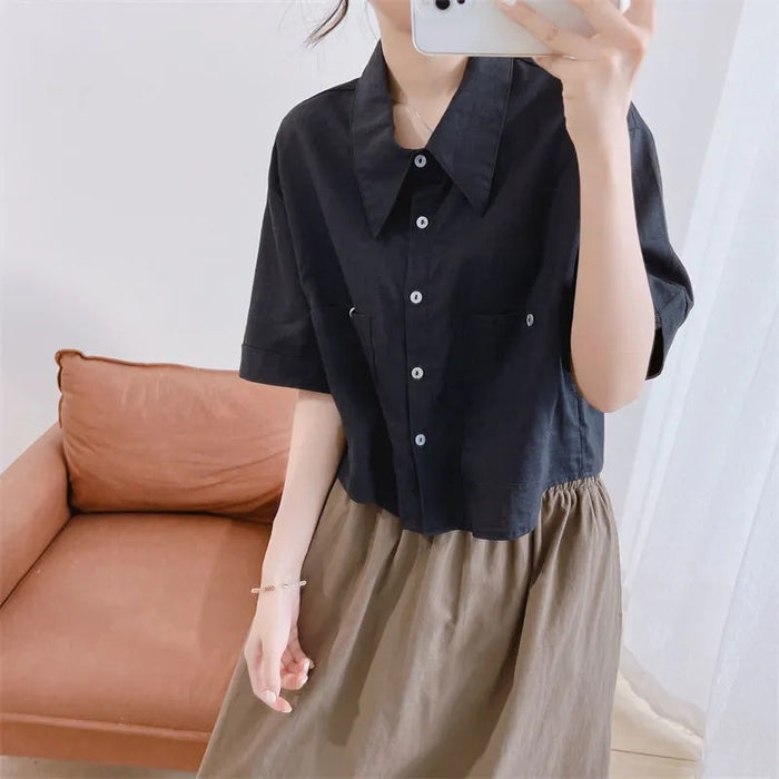 Áo sơ mi linen ngắn tay cổ sen nhọn hai túi vuông - NU7511