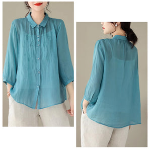 Áo sơ mi linen tay lửng cổ đức thêu hoa văn đối xứng - NU8866