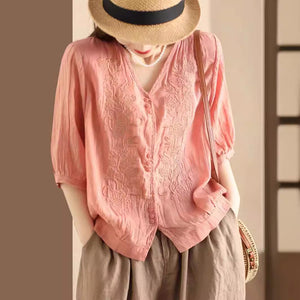 Áo sơ mi linen ngắn tay cổ V thêu mùa hè - NU10043