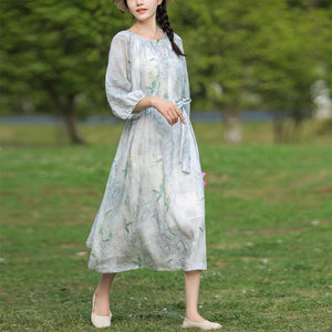 Đầm liền linen ngắn tay cổ V một khuy in hoa lá - NU7507