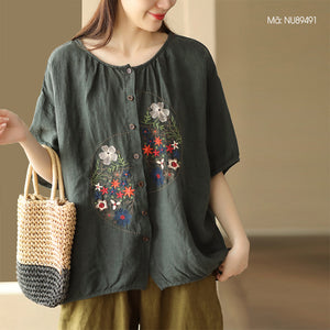 Áo sơ mi linen ngắn tay cổ tròn thêu hoa lá lệch - NU8949