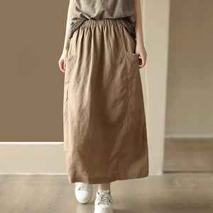 Chân váy linen retro hai túi đính khuy lưng thun - NU9000