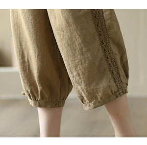 Quần baggy linen lưng thun dây rút thêu ren hai bên - NU7479