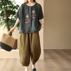 Áo sơ mi linen ngắn tay cổ tròn thêu hoa lá lệch - NU8949