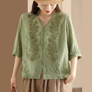 Áo sơ mi linen ngắn tay cổ V thêu mùa hè - NU10043
