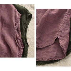Áo sơ mi linen sát nách cổ tròn xếp ly - A812