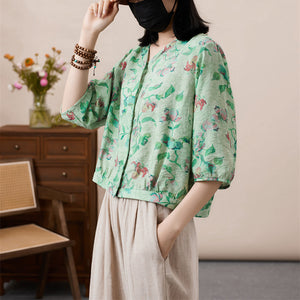 Áo sơ mi tay lửng cổ V in hoa văn retro - NU8555