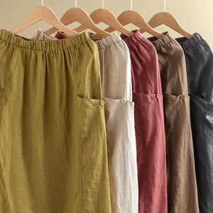 Chân váy linen retro hai túi đính khuy lưng thun - NU9000