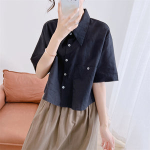 Áo sơ mi linen ngắn tay cổ sen nhọn hai túi vuông - NU7511