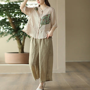 Áo sơ mi linen ngắn tay cổ tàu in hoa lá retro khuy tròn - NU8854