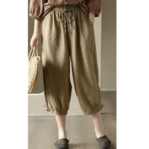 Quần baggy linen lưng thun dây rút thêu ren hai bên - NU7479