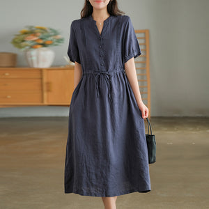 Đầm liền linen ngắn tay cổ V xếp ly đối xứng - NU8686