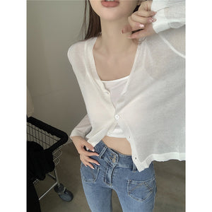 Áo khoác cardigan len dệt kim dài tay cổ V bốn khuy - NU9114