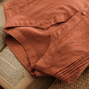 Đầm liền linen ngắn tay cổ V xếp ly đối xứng - NU8686