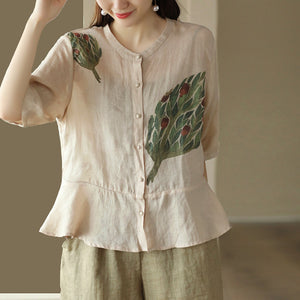 Áo sơ mi linen ngắn tay cổ tàu in hoa lá retro khuy tròn - NU8854