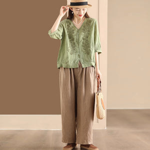 Áo sơ mi linen ngắn tay cổ V thêu mùa hè - NU10043