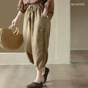 Quần baggy linen lưng thun dây rút thêu ren hai bên - NU7479