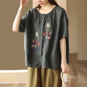 Áo sơ mi linen ngắn tay cổ tròn thêu hoa lá lệch - NU8949