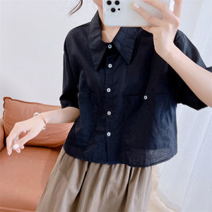 Áo sơ mi linen ngắn tay cổ sen nhọn hai túi vuông - NU7511