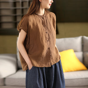 Áo sơ mi linen ngắn tay cổ tròn xếp ly - A804