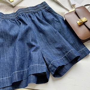 Bộ đồ denim gồm quần sooc và áo sơ mi ngắn tay cổ đức - NU8682