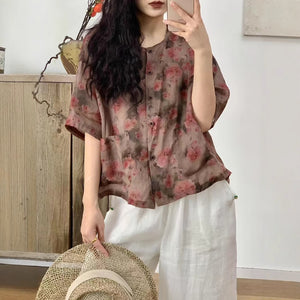 Áo sơ mi linen ngắn tay cổ tròn in hoa lá hai túi vuông - A867