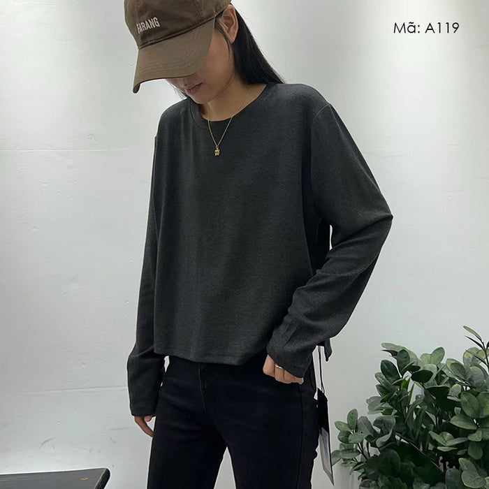 Áo T-shirt dài tay cổ tròn một màu form ngắn - A119